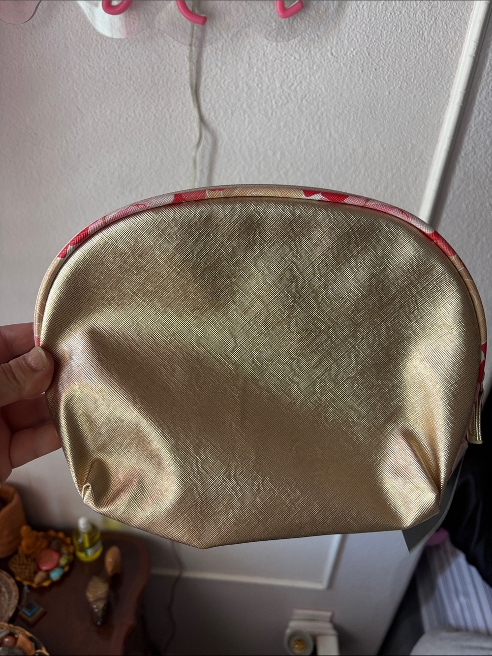 Tahari Gold Cosmetic Pouch with Pink-Trim Top